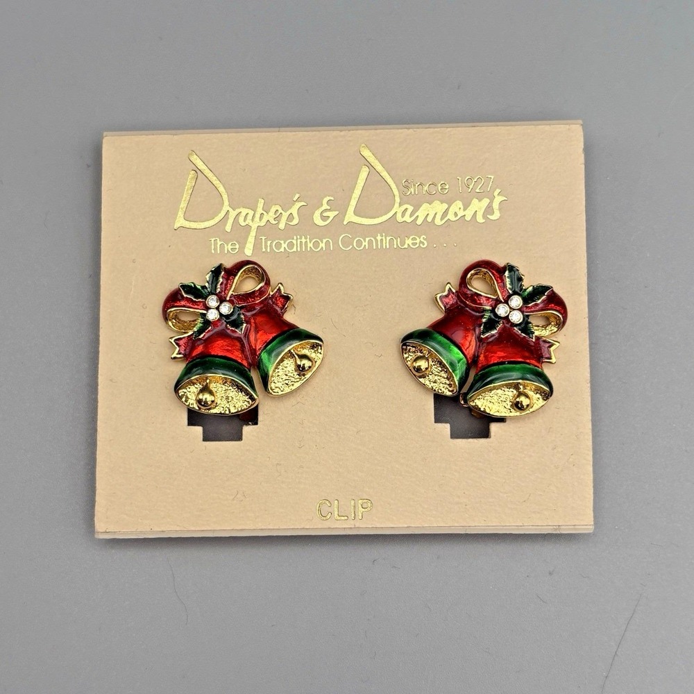 Vintage Draper's and Damon's Earrings Clip Ons Bells Christmas Enamel